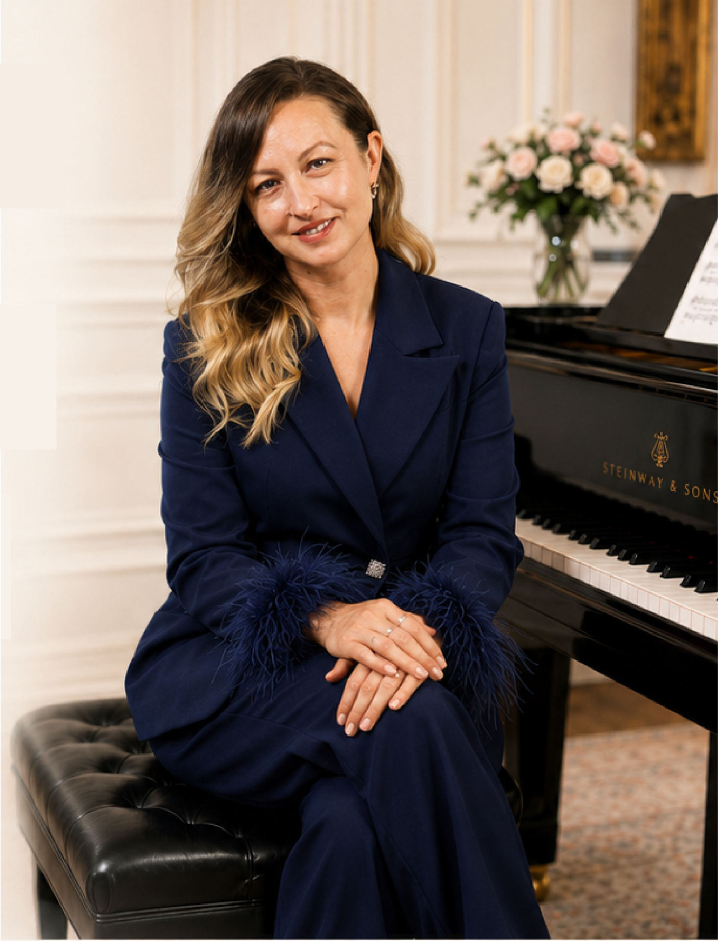 Dr. Anna Vavilova, collaborative pianist, seated at a Steinway grand piano