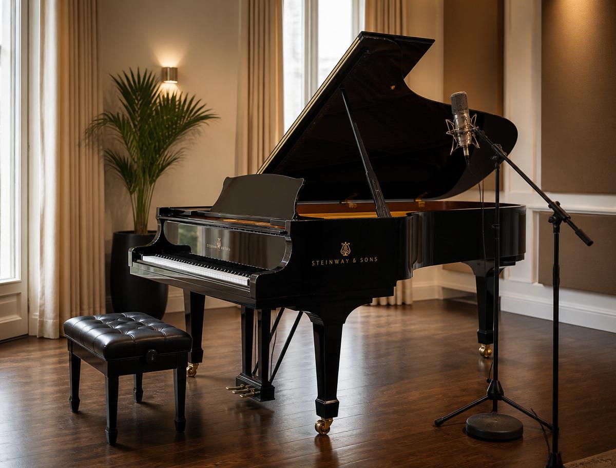 Steinway grand piano in professional rehearsal studio with recording microphone
